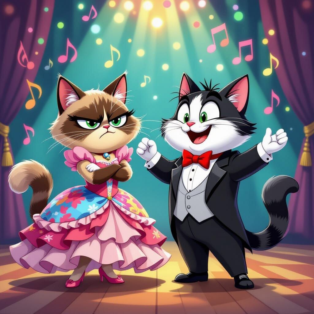 Grumpy and Happy Cats Dancing in Cartoon Style