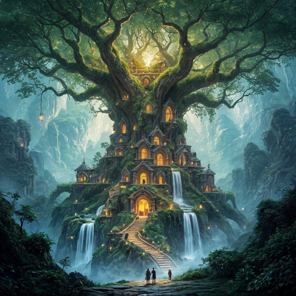 Elven City in Glowing Tree Trunk - Fantasy Concept Art