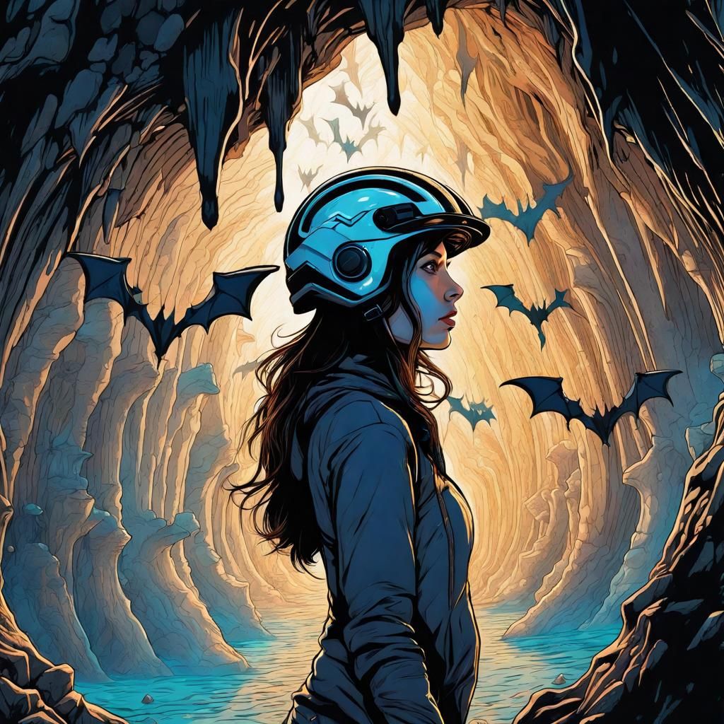 Woman Guided by Bats Through Crystal Cave