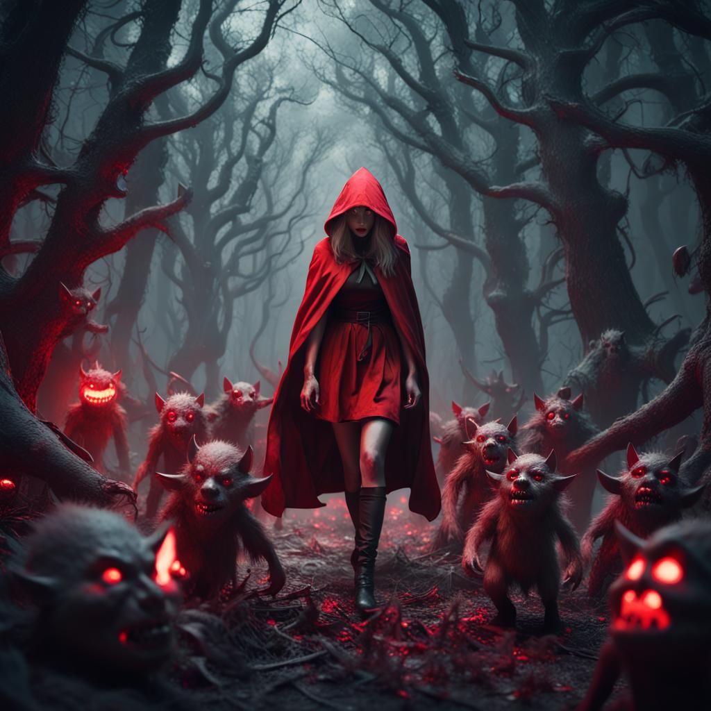 Red Riding Hood in a spooky forest serrounded by a group of  creepy little demon trolls