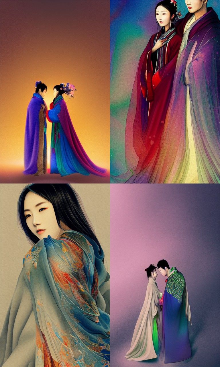 Romantic Chinese Couple in Watercolor Twilight