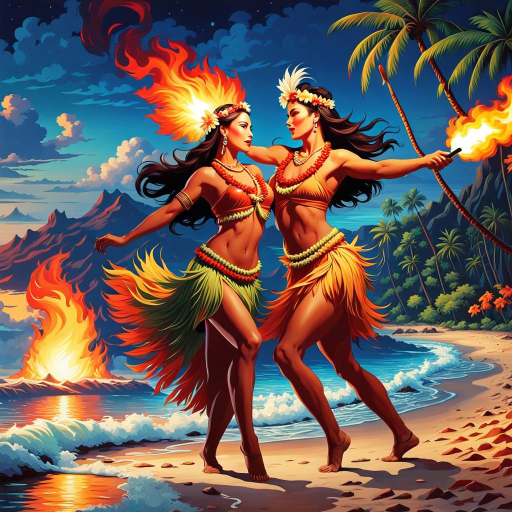 Evening Fire-dancers, at island paradise resort