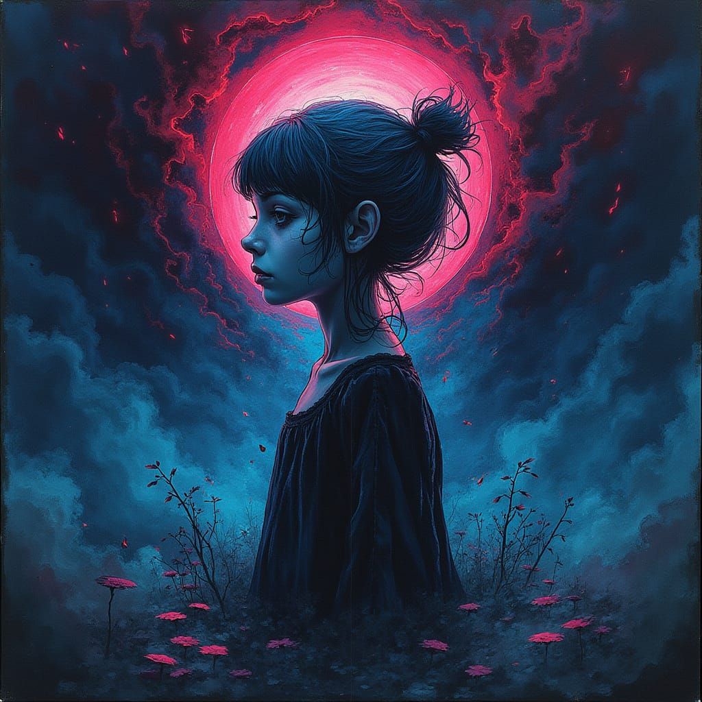Surreal Ink Portrait Glowing Magenta Cyan