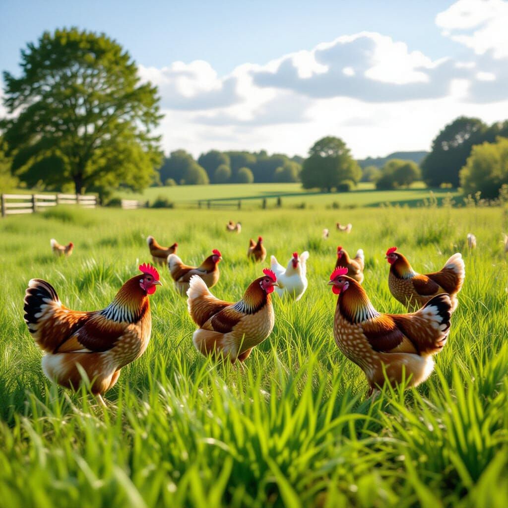 Chickens Roaming Freely on Lush Green Farm