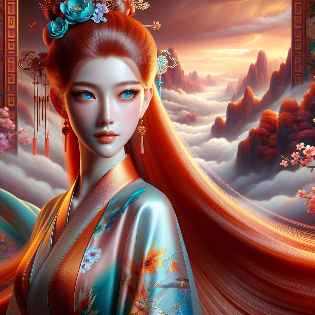 Elegant Chinese Woman with Blue Eyes and Sunset Colors