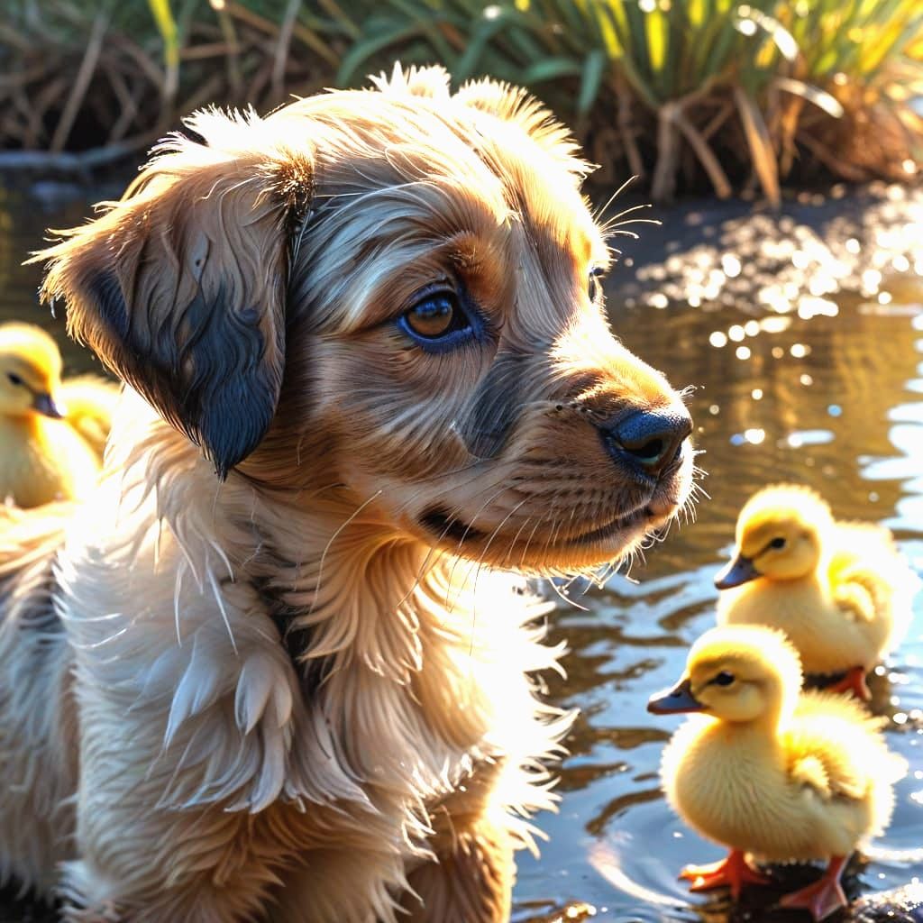 Puppy's Curious Encounter with Ducklings: Photorealistic Ima...