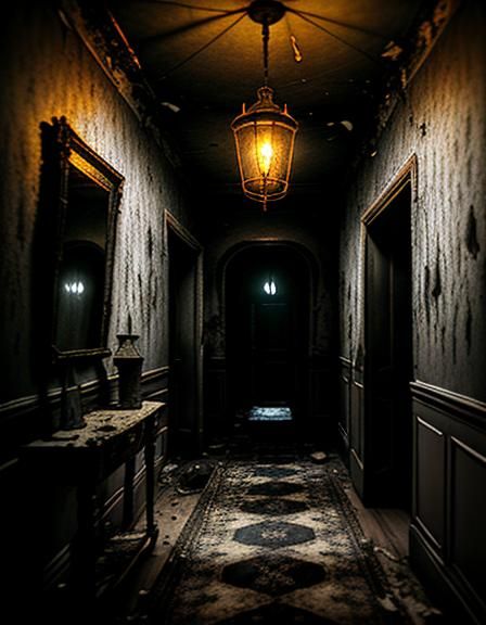 Frightening Hallway in Old House with Spiderwebs