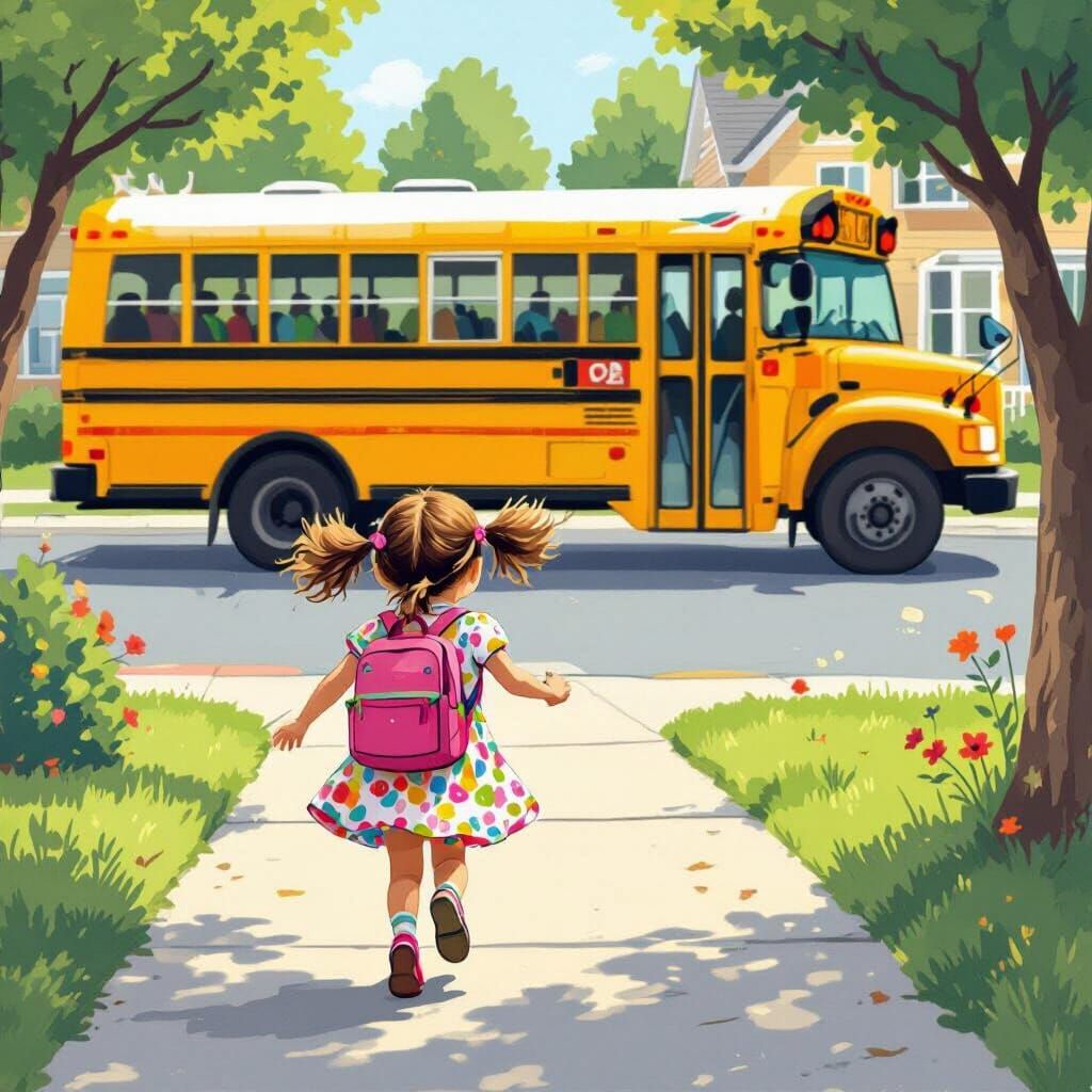 Little Girl's School Bus Chase: Whimsical Art