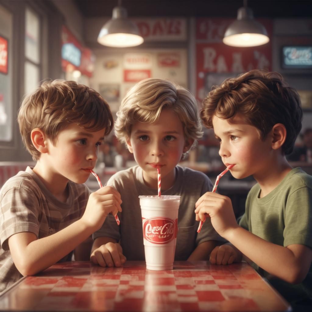 Hyperrealistic Boys Sharing Soda at Diner