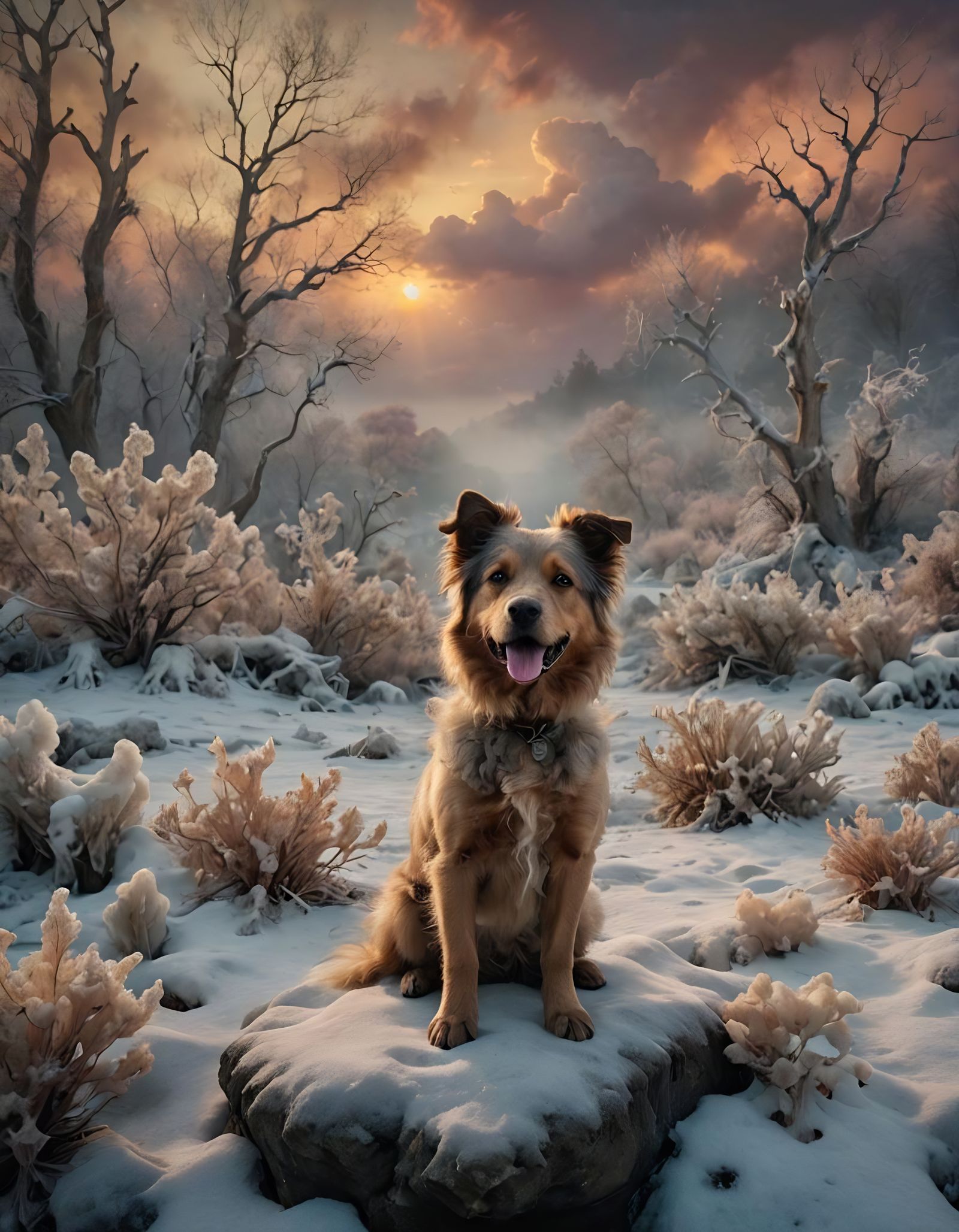 Playful Dog at Sunset, Abstract Expressionist Style