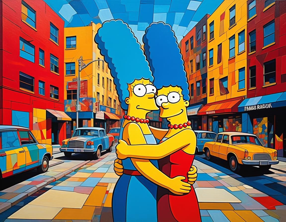 Homer and Marge Simpson in Cubism Style Painting