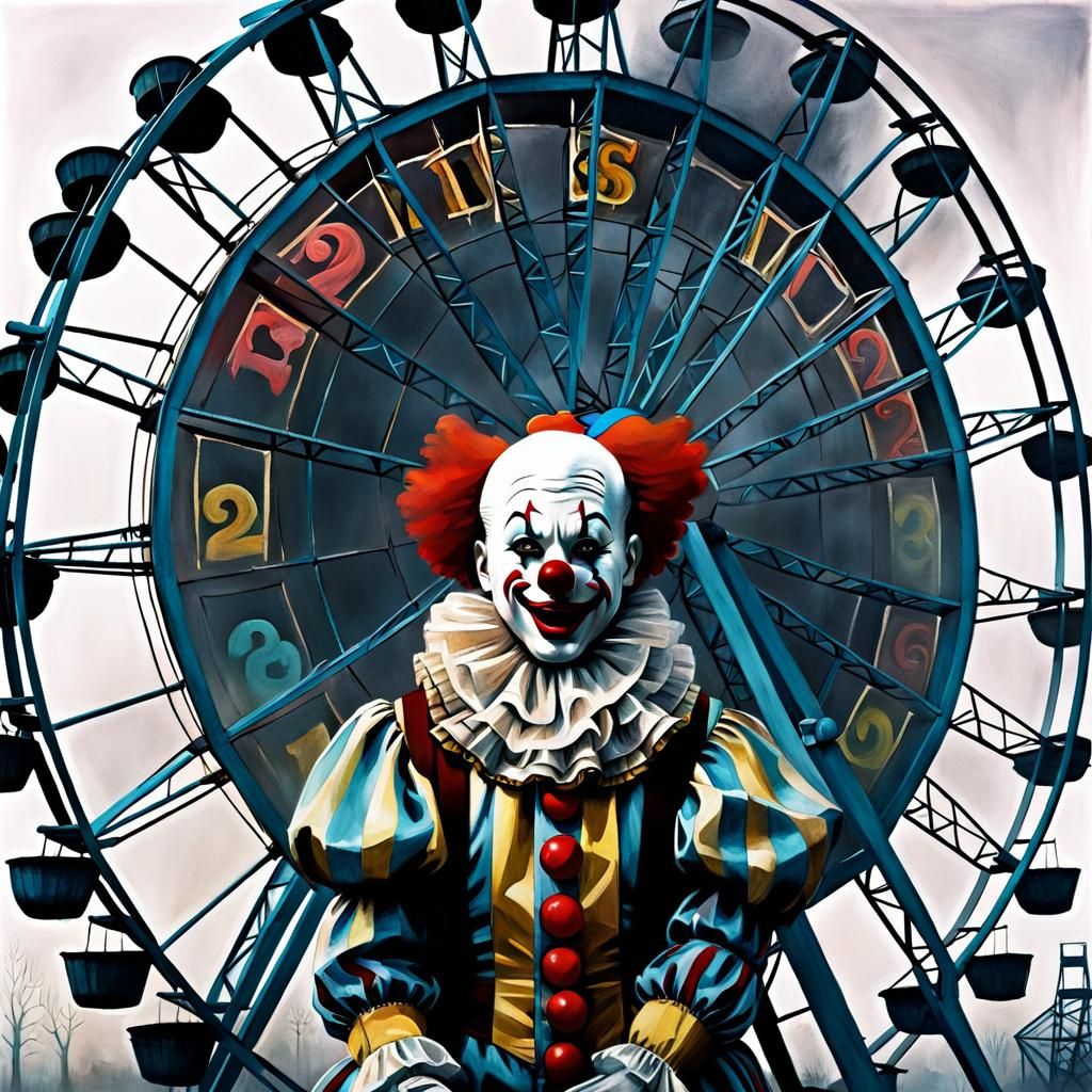 Eerie Clown Double Exposure on Foggy Ferris Wheel