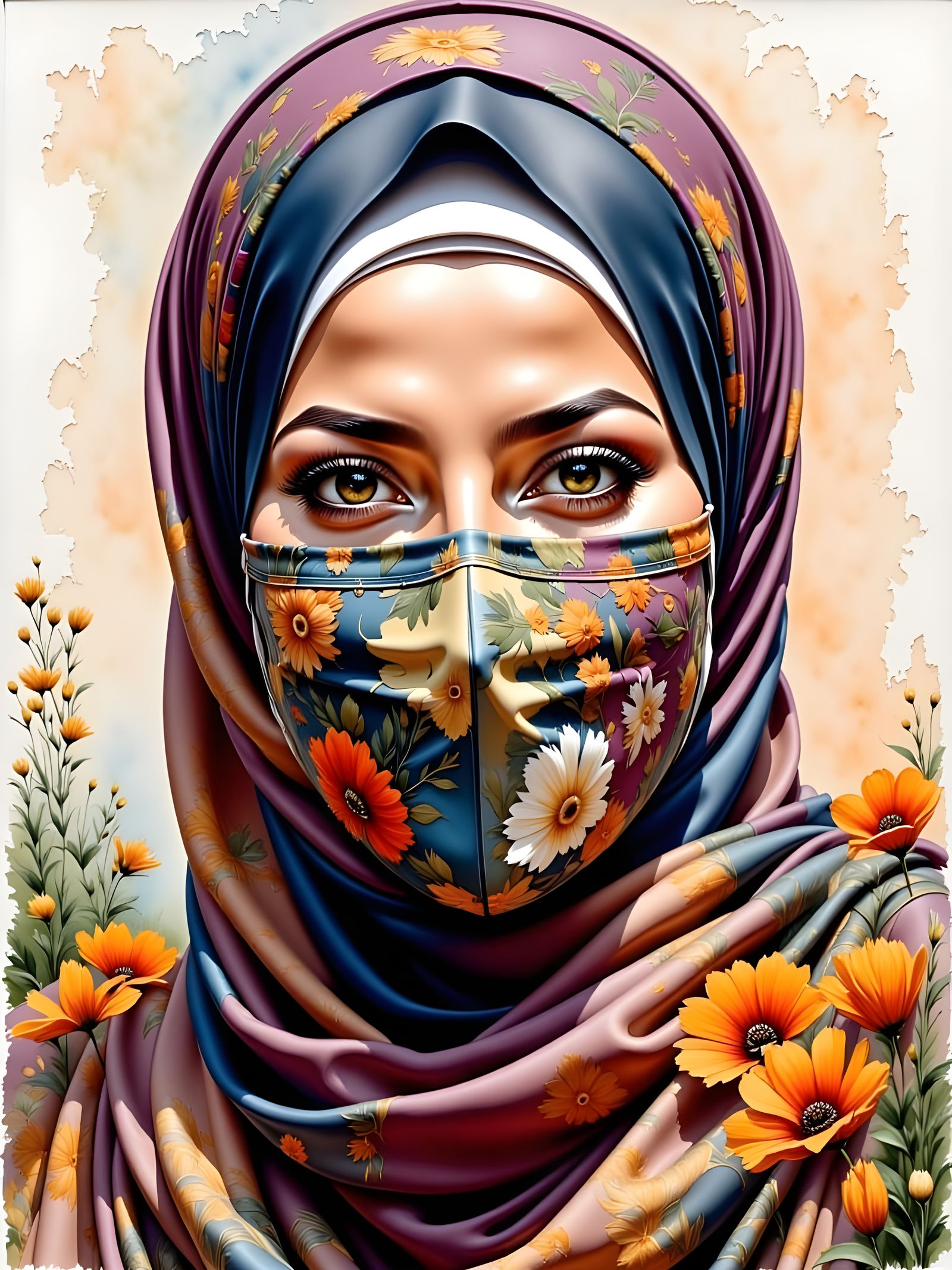 Elegant Woman in Hijab Portrait, Oil-Guache Style