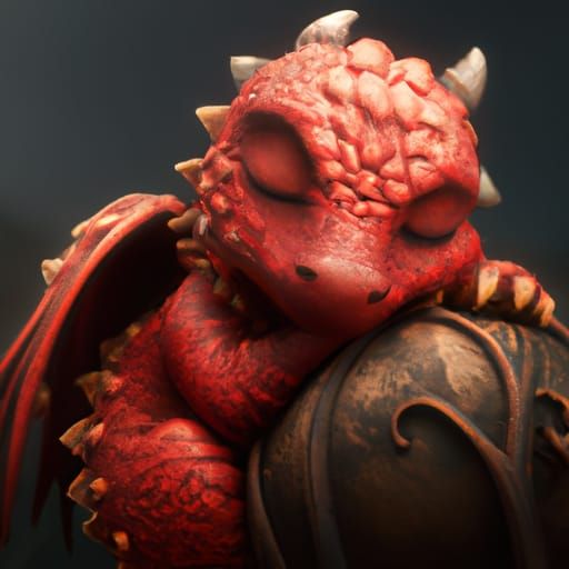 Cute Red Baby Dragon Sleeping: Fantasy Art