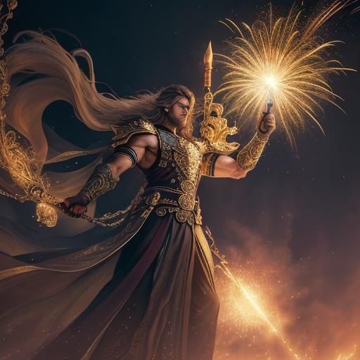 Intricate Mage with Golden Magic in Storybook Illustration