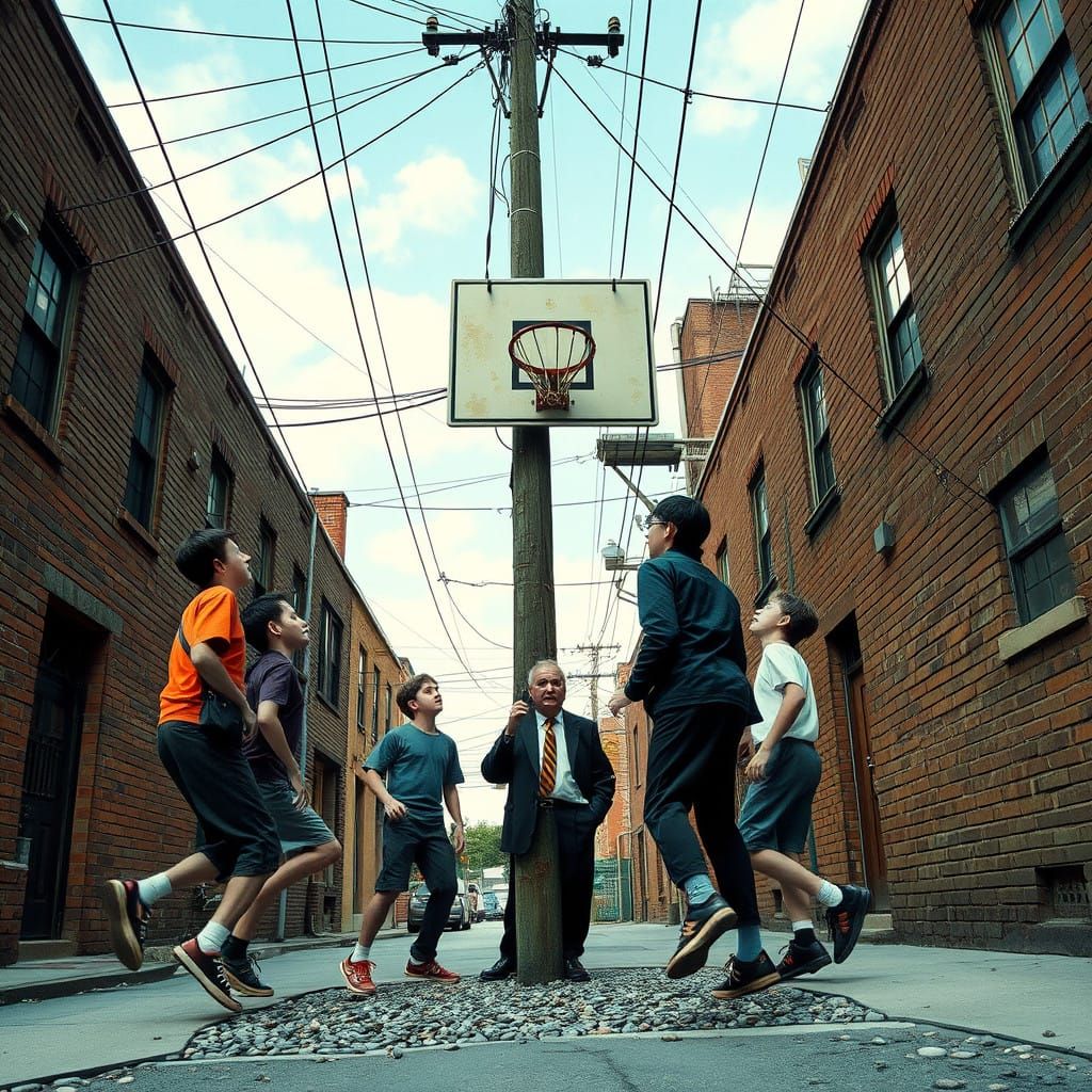 Tall Man Watches Boys Play Basketball in Winter
