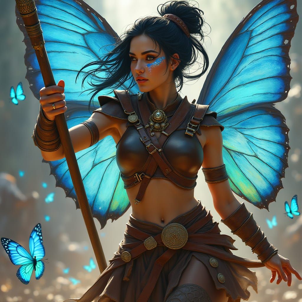 Female Warrior in Motion with Iridescent Butterflies in Cybe...