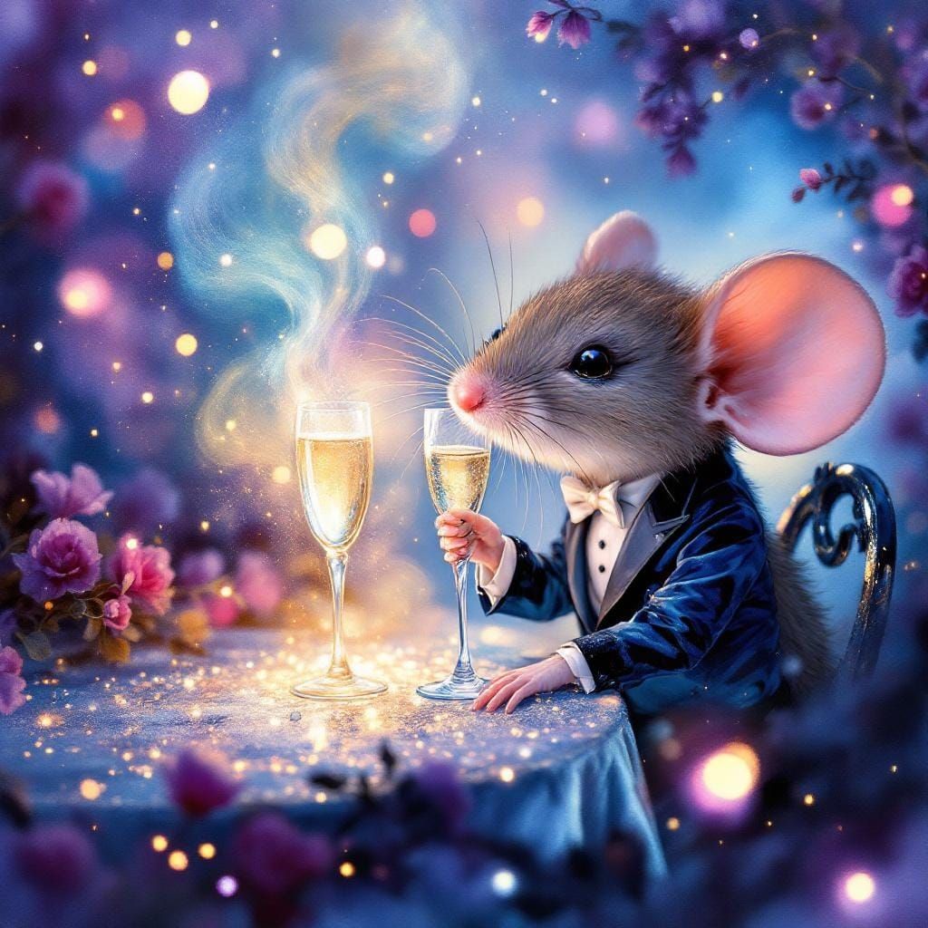 Mouse Sipping Champagne in Ballroom with Alcohol Inks