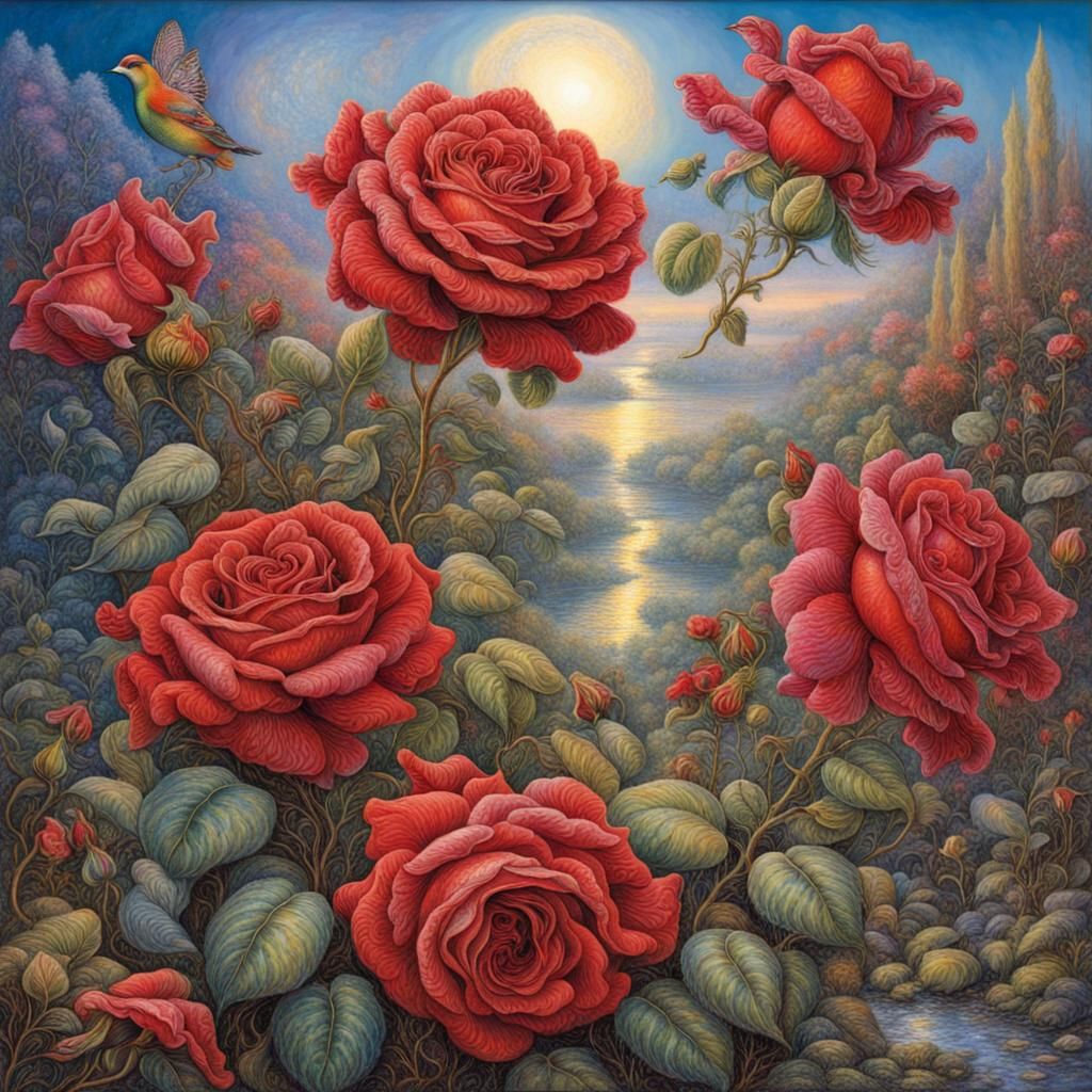 Surreal Red Roses in Bloom
