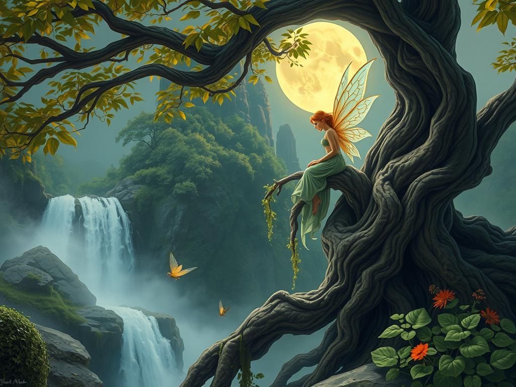 Enchanting Fairy Overlooking Moonlit Waterfall