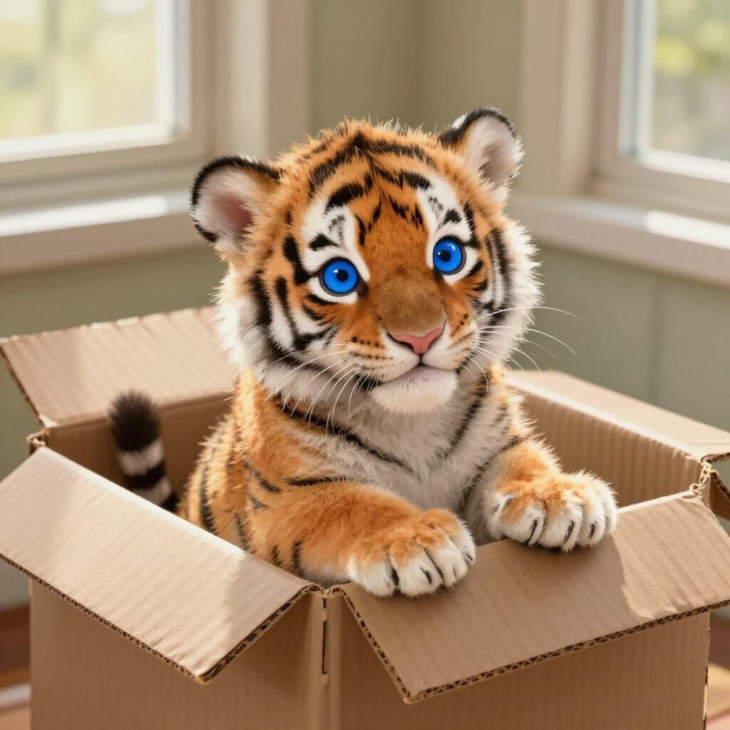 Adorable Tiger Cub in Rustic Box, Beatrix Potter Style