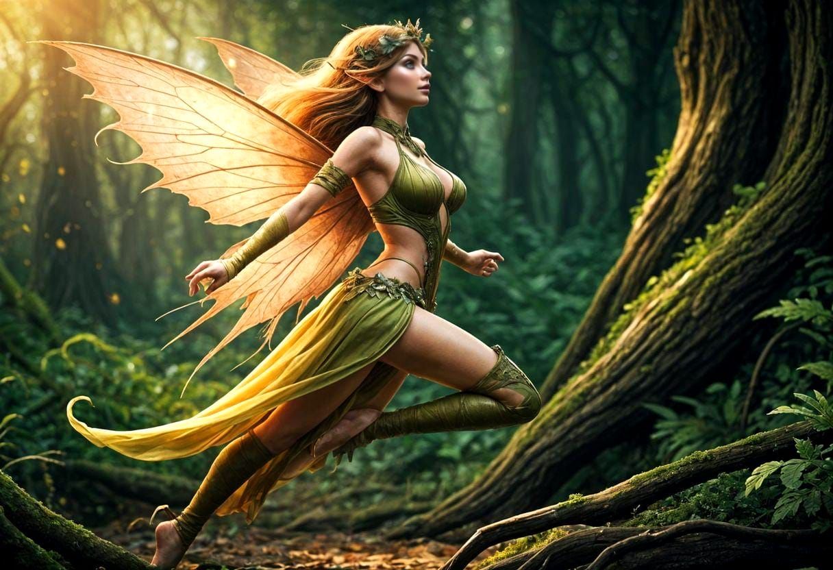 Fairy in Action: Detailed Portrait in the Woods