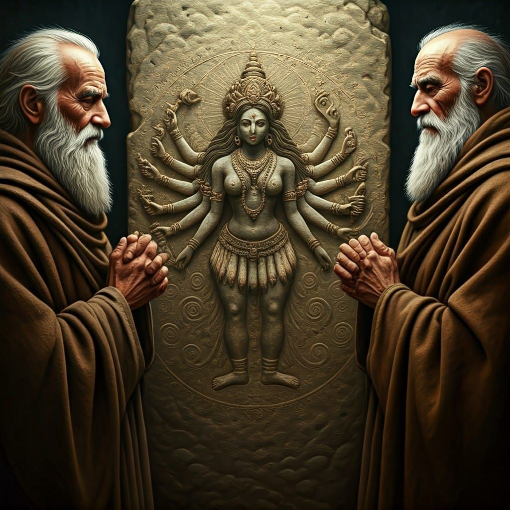 Ancient Men Adore the Goddess of Many Arms