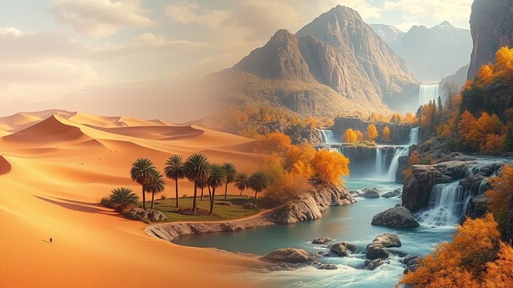 Surreal Desert Oasis Meets Autumn Mountain River