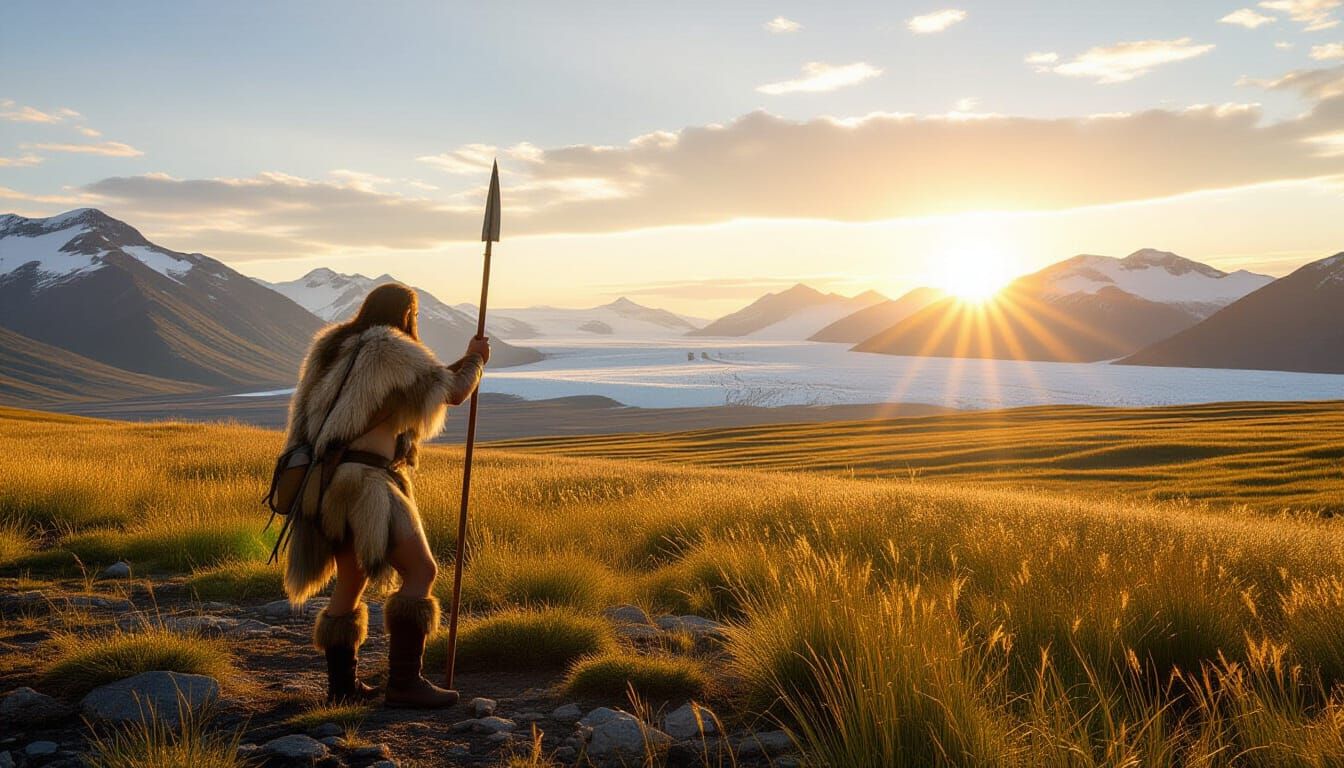 Paleolithic Hunter Gazes at Sunrise Over Glacial Plains
