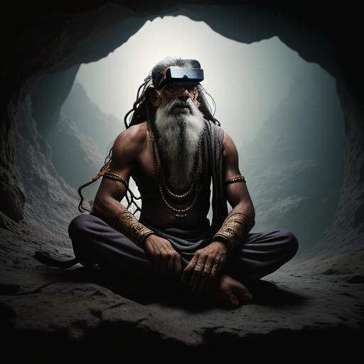 Hyperrealistic Sadhu Yogi in Cave with VR Set