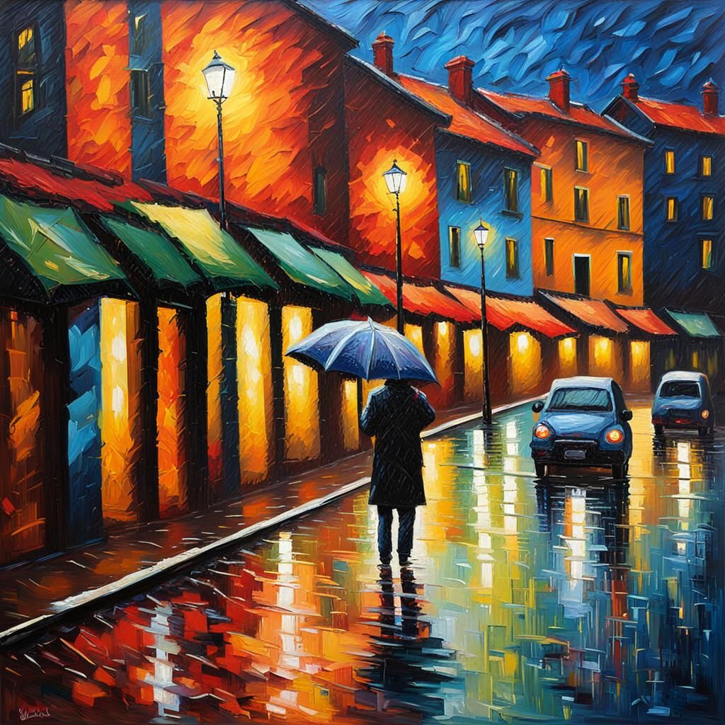 Rainy Night in Expressionist Oil Painting Style