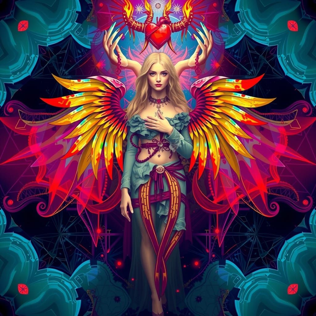 Goth Jesus in Victorian Punk Attire, with Geometric Wings an...