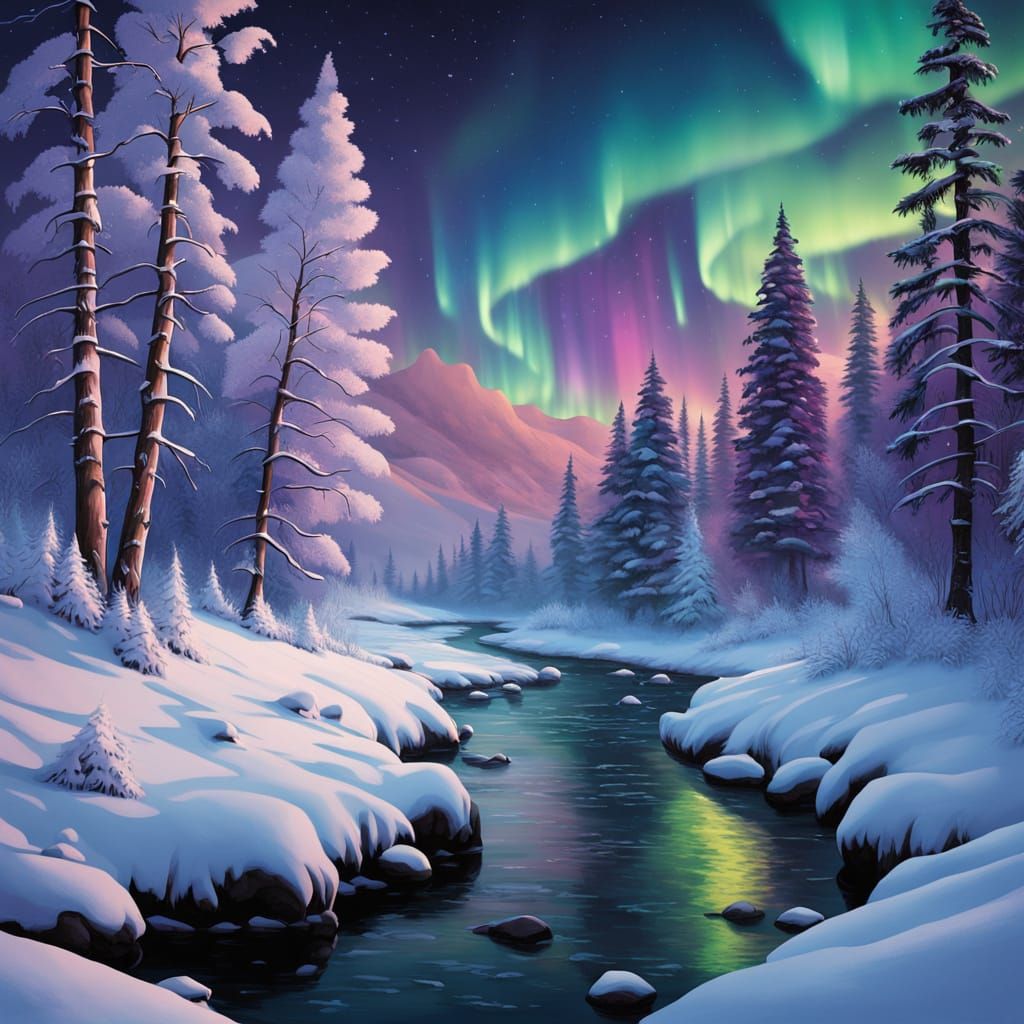 Enchanting Winter River Scene with Northern Lights