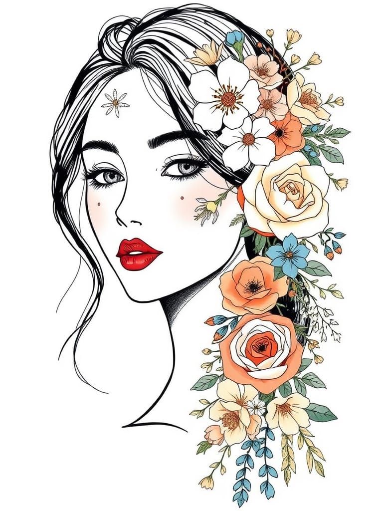 Elegant Woman Portrait with Floral Arrangement in Line Art S...