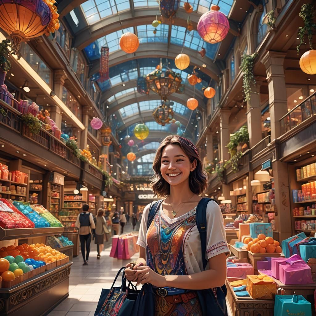 Smiling Consumer in Whimsical Fantasy Shopping Mall