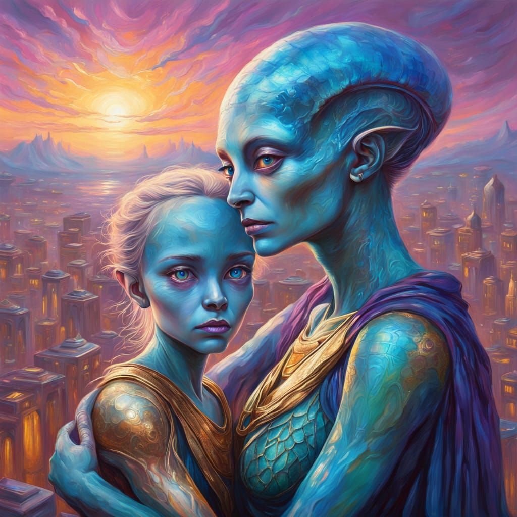 Majestic Alien Mother and Daughter in Ethereal Cityscape
