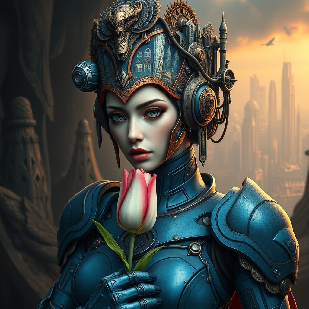 She stood there,half monarch, half machine, wrapped in rust and blue steel. A tulip in hand, a city on her head. And som...