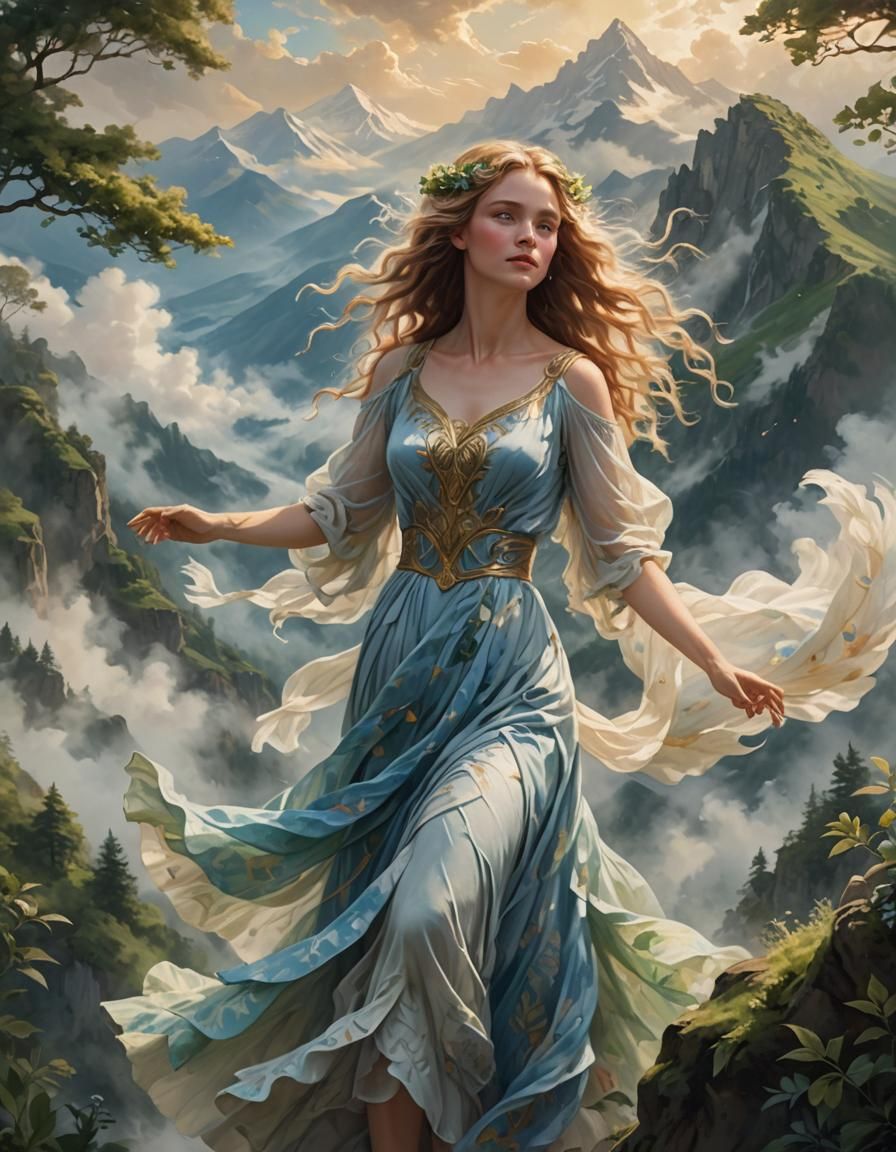 Wind Goddess Dancing on Mountain Peaks in Impressionist Styl...
