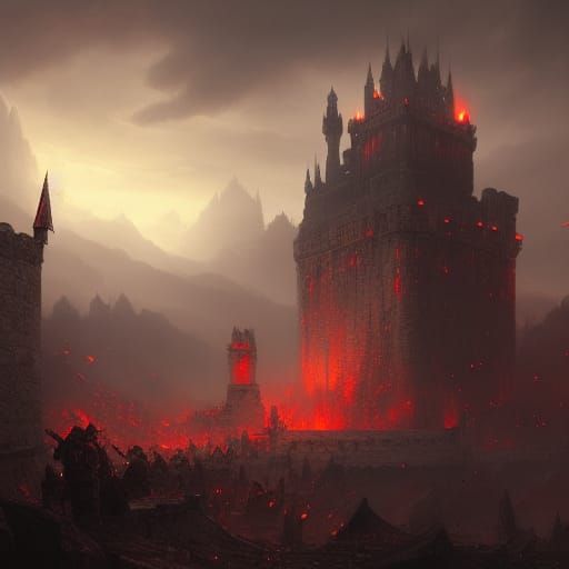 Dragon on Castle Ruins in Dark Fantasy Style