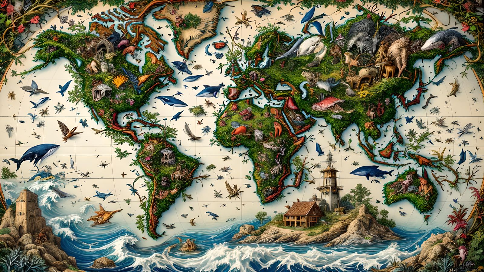 Vivid Biogeography Map with Animals and Cryptids