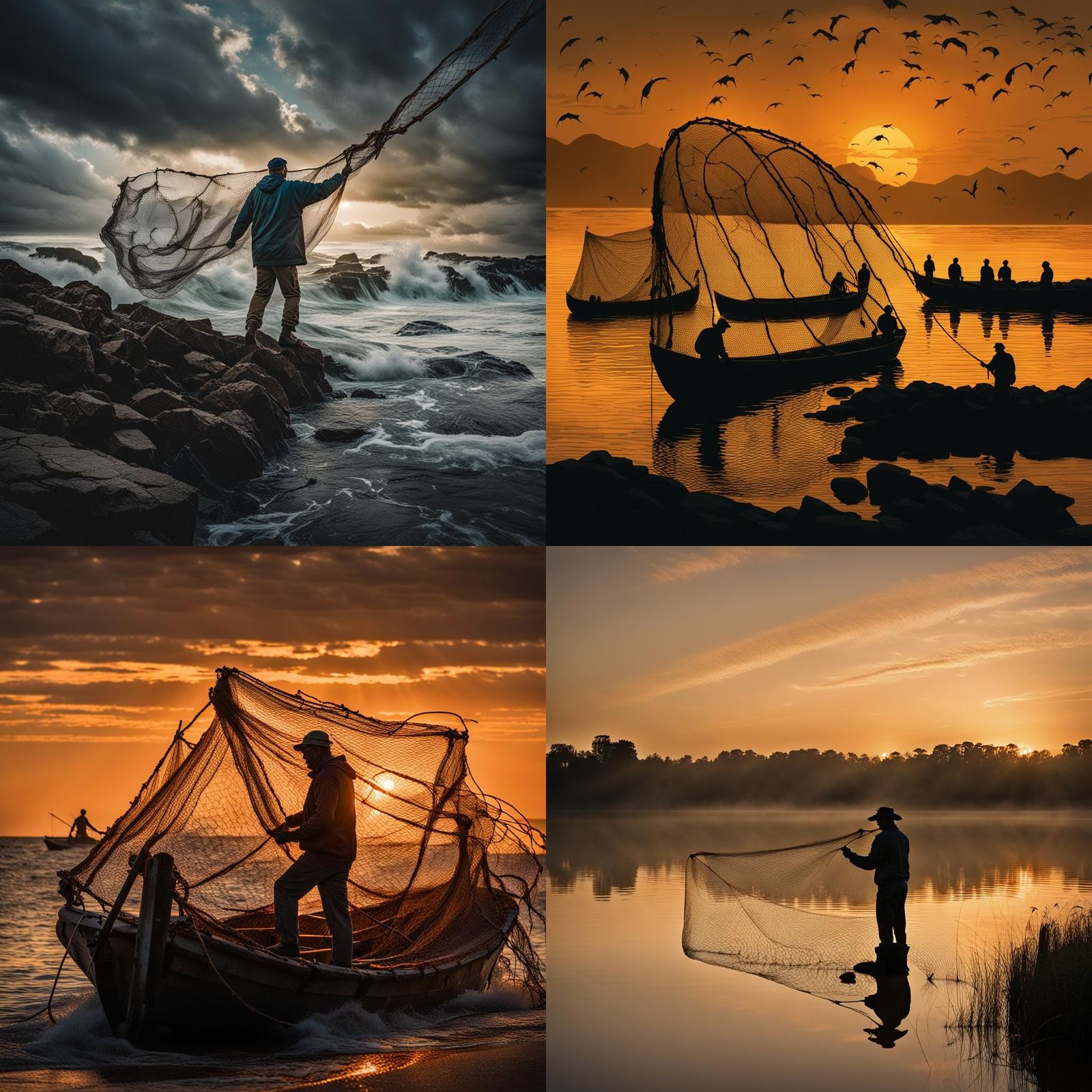 Dramatic Silhouette of Fisherman Casting Net