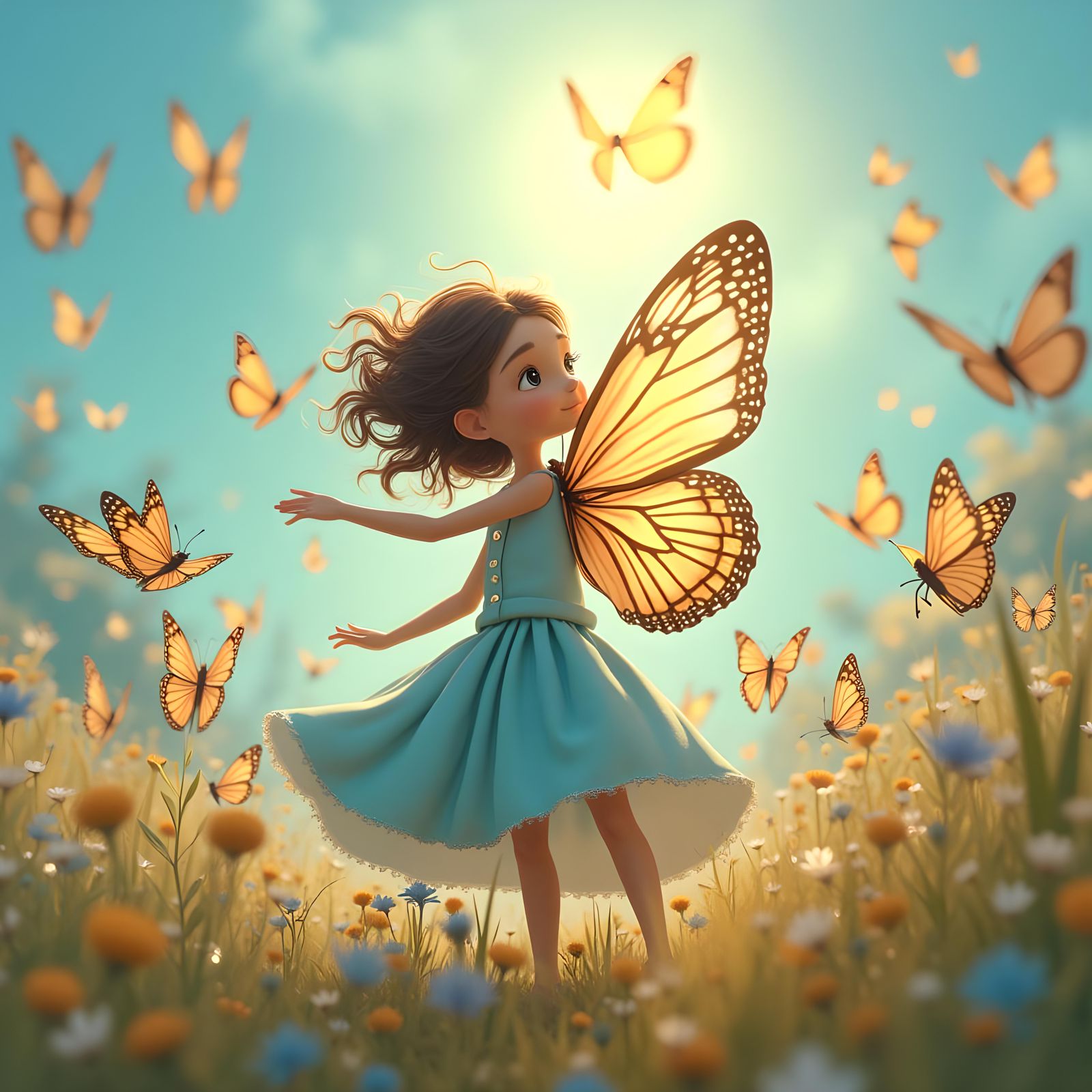 Miniature People Waving Goodbye to Blue Butterflies