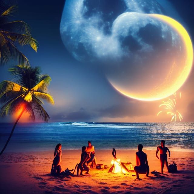 Tropical Beach at Night with Fireworks Display