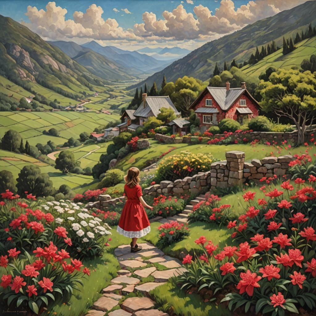 Charming Cottage Garden Scene in Oil Painting Style