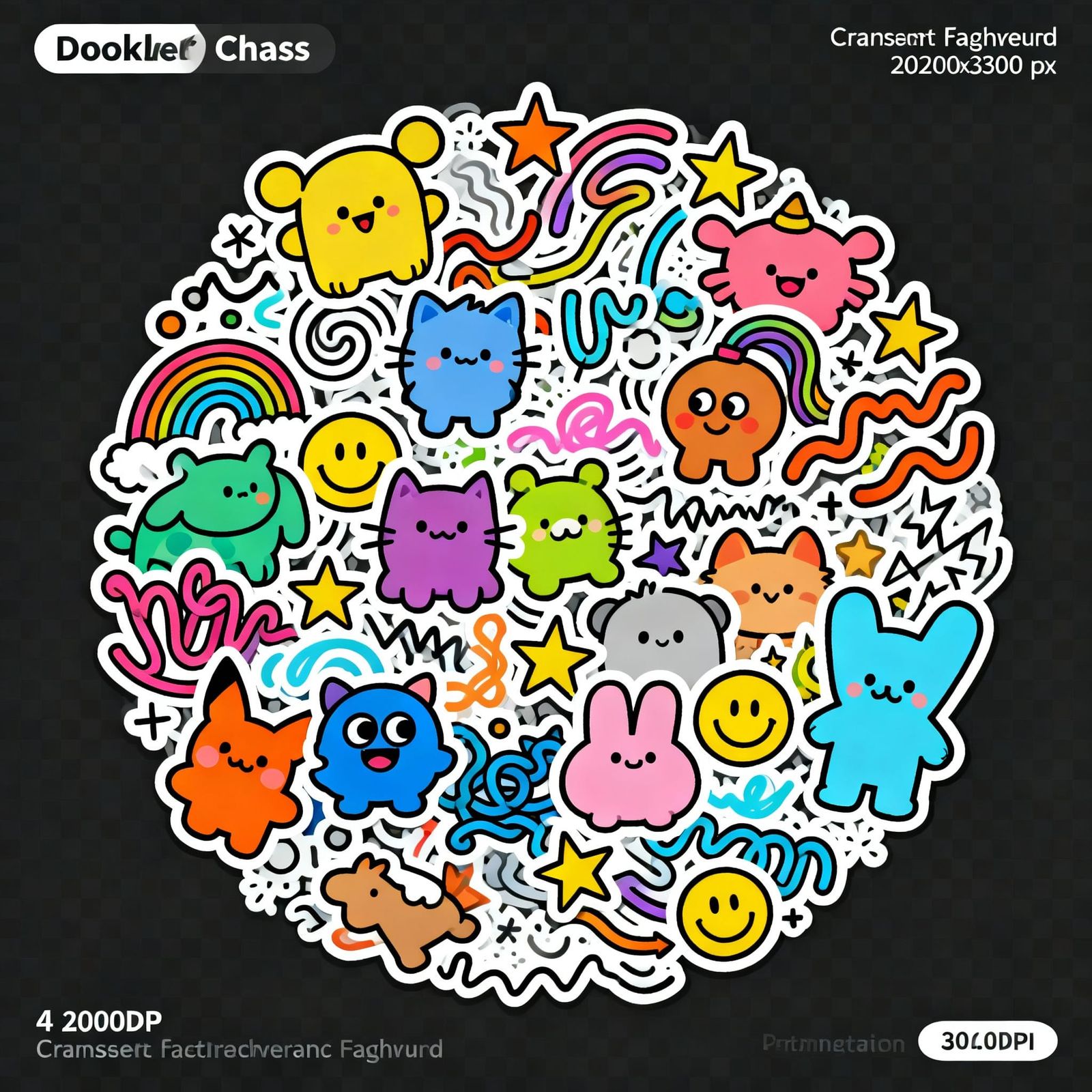 Doodle Chaos Sticker Sheet with Cute Animals and Squiggles