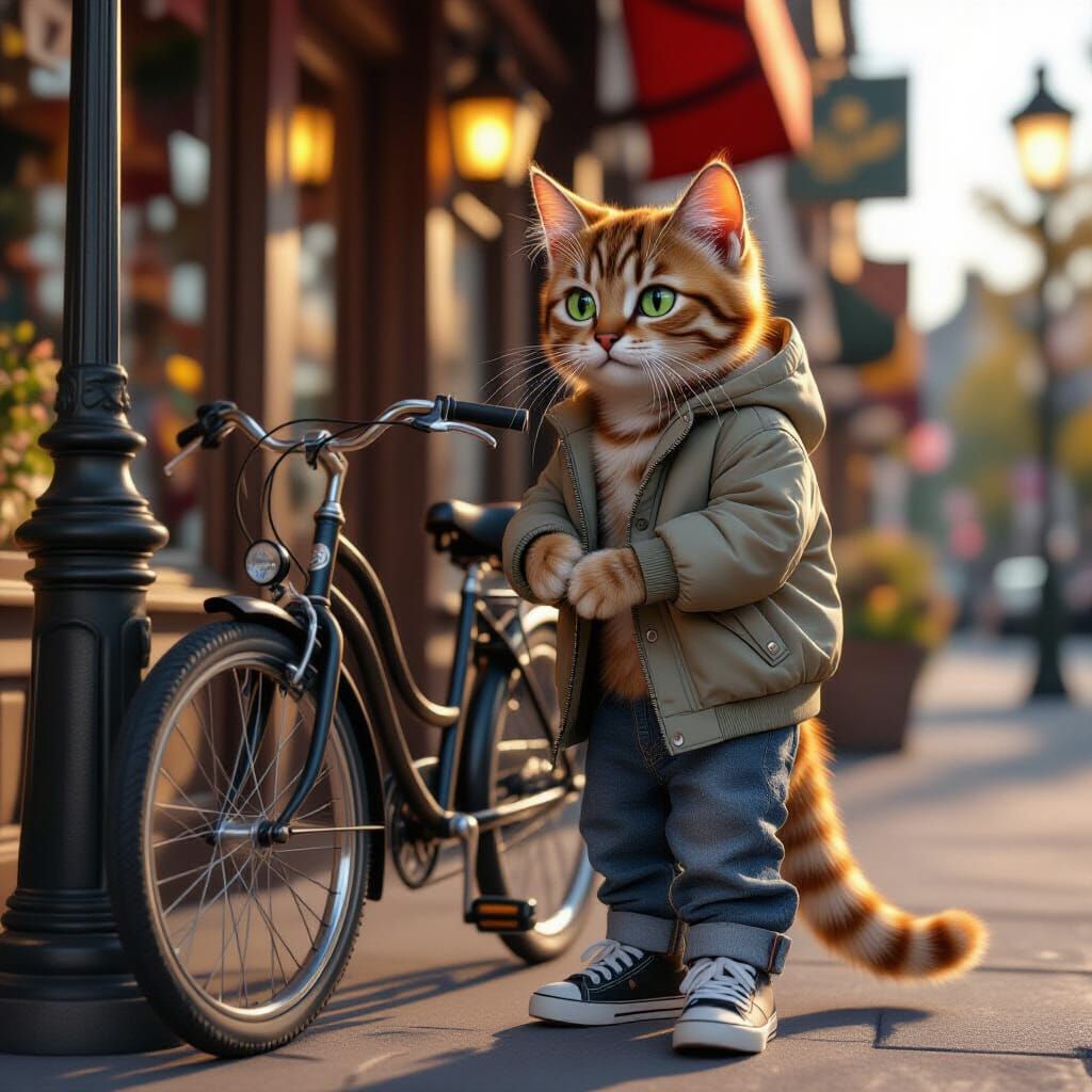 3D Render of Anthropomorphic Bengal Kitten with Bicycle