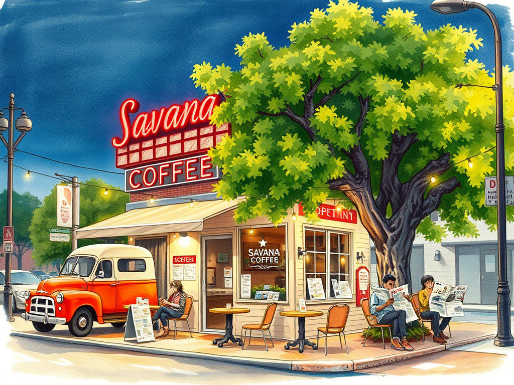 Savana Coffee: Whimsical Watercolor Painting at Night
