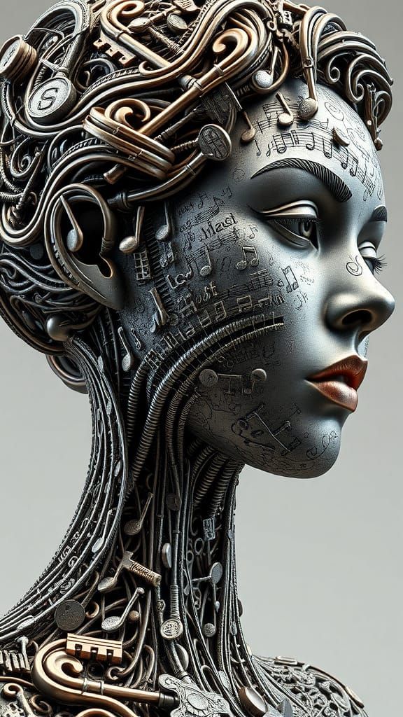 Serene Woman's Portrait Sculpture in Intricate Metalwork