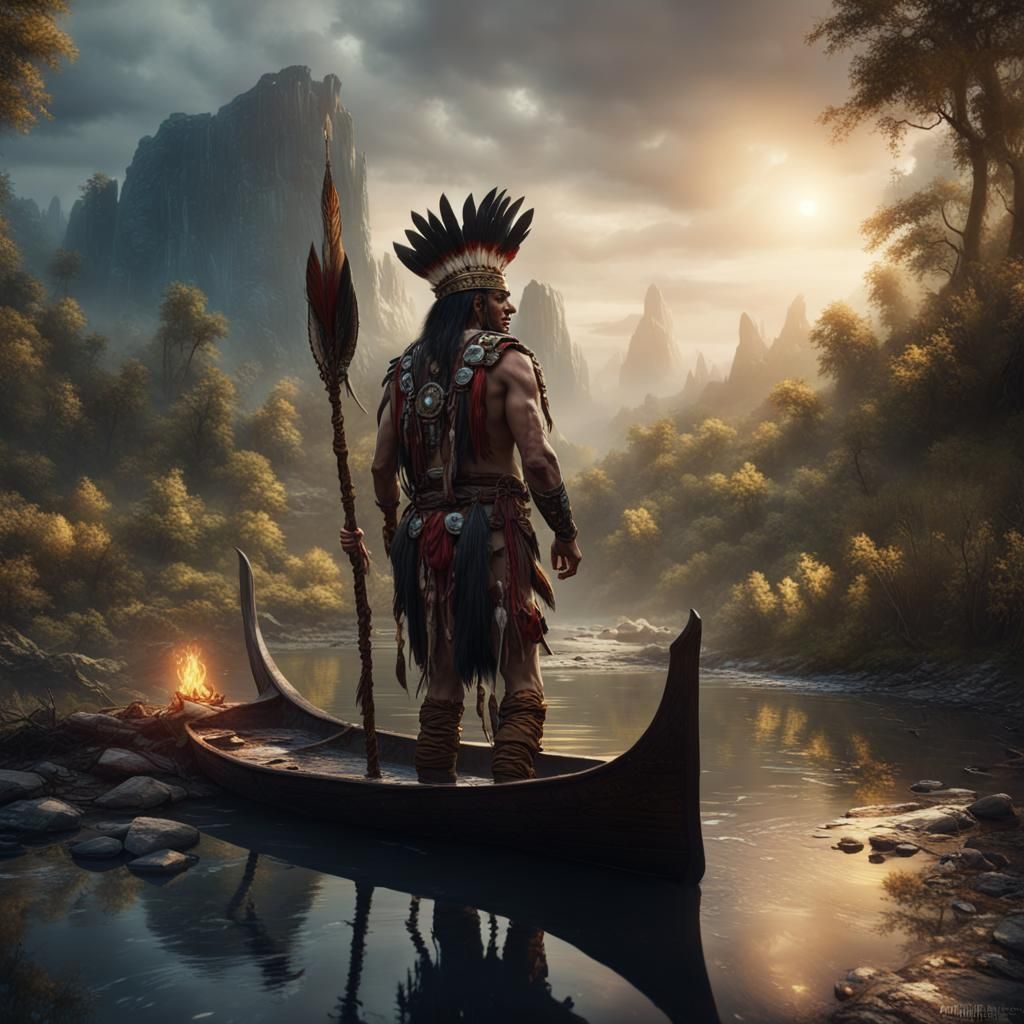 Fierce Native Chief Reflecting in River: Digital Art