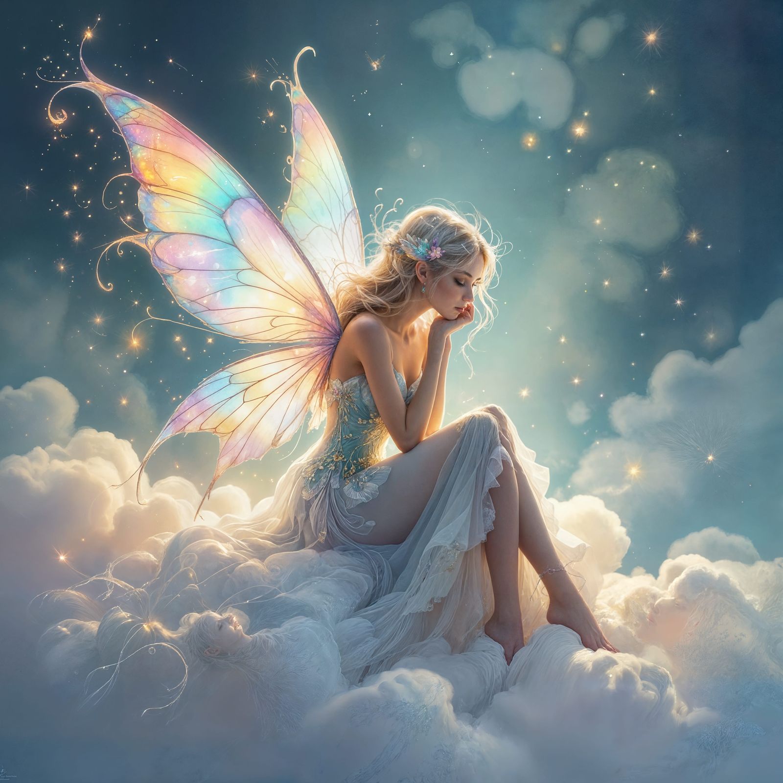 Majestic Fairy on Cloud in Ethereal Glow, Alcohol Ink Painti...